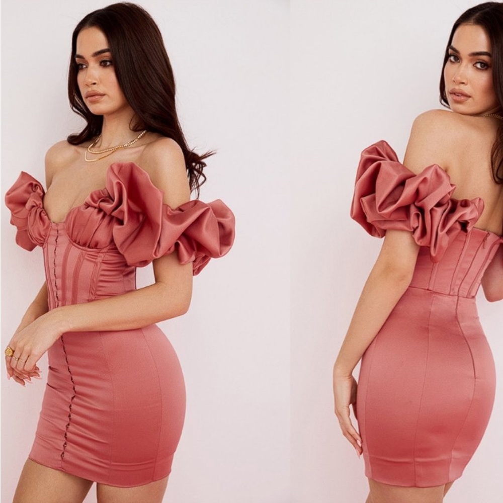 HOUSE OF CB 'Annabelle' Rose Satin Ruffle Strapless Dress - Picture 3 of 7